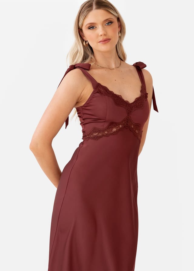Maya Deluxe Maya Deluxe Women's Strappy Satin Midaxi Dress in Brown - 2
