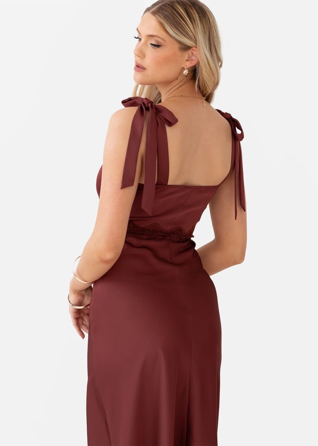 Maya Deluxe Maya Deluxe Women's Strappy Satin Midaxi Dress in Brown - 3