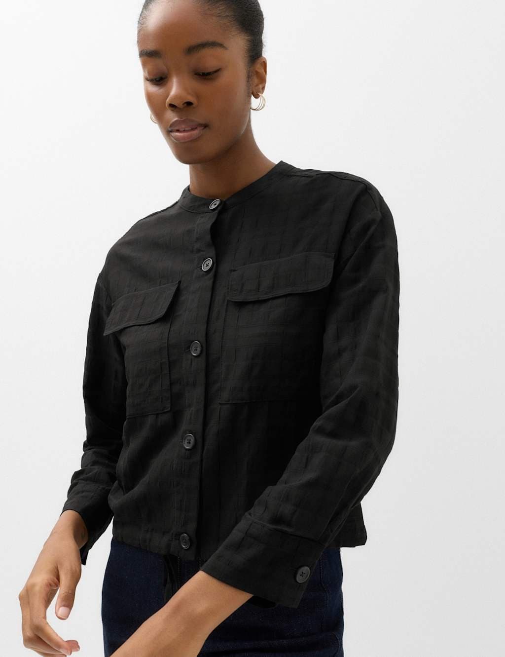 Marks & Spencer M&S Checked Collarless Short Jacket Black