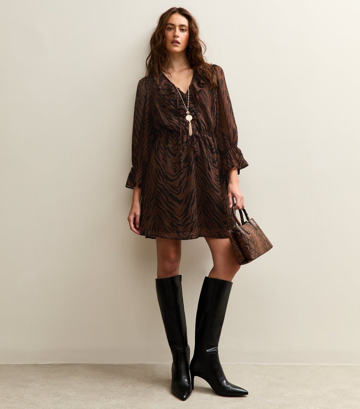 New Look Women's Brown Animal Print Chiffon Mini Dress New Look