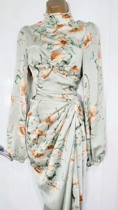 PrettyLittleThing PrettyLittleThing UK10 sage green satin ruched wedding guest occasion dress VGC