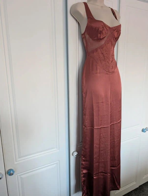 ASOS ASOS Design lace mix corset detail wide leg satin jumpsuit in brown size 4