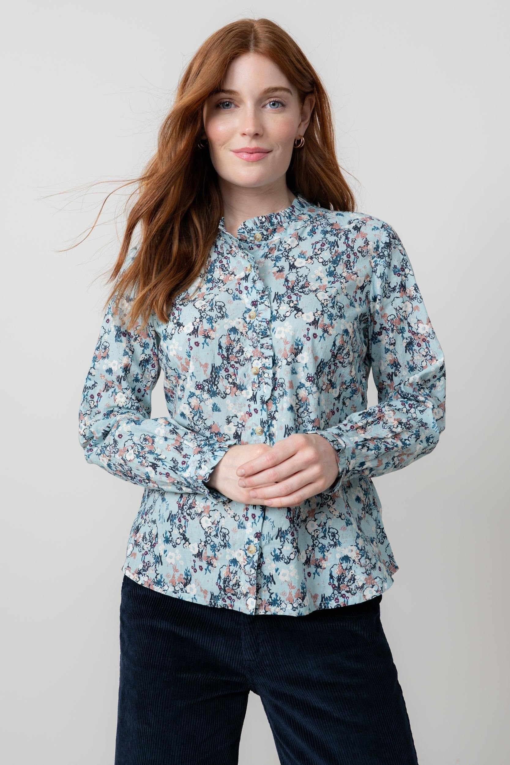 Lily & Me Lily & Me Women's Rachel Soft Cotton Long Sleeve Blouse with Scalloped Mandarin Collar in Duck Egg Blue