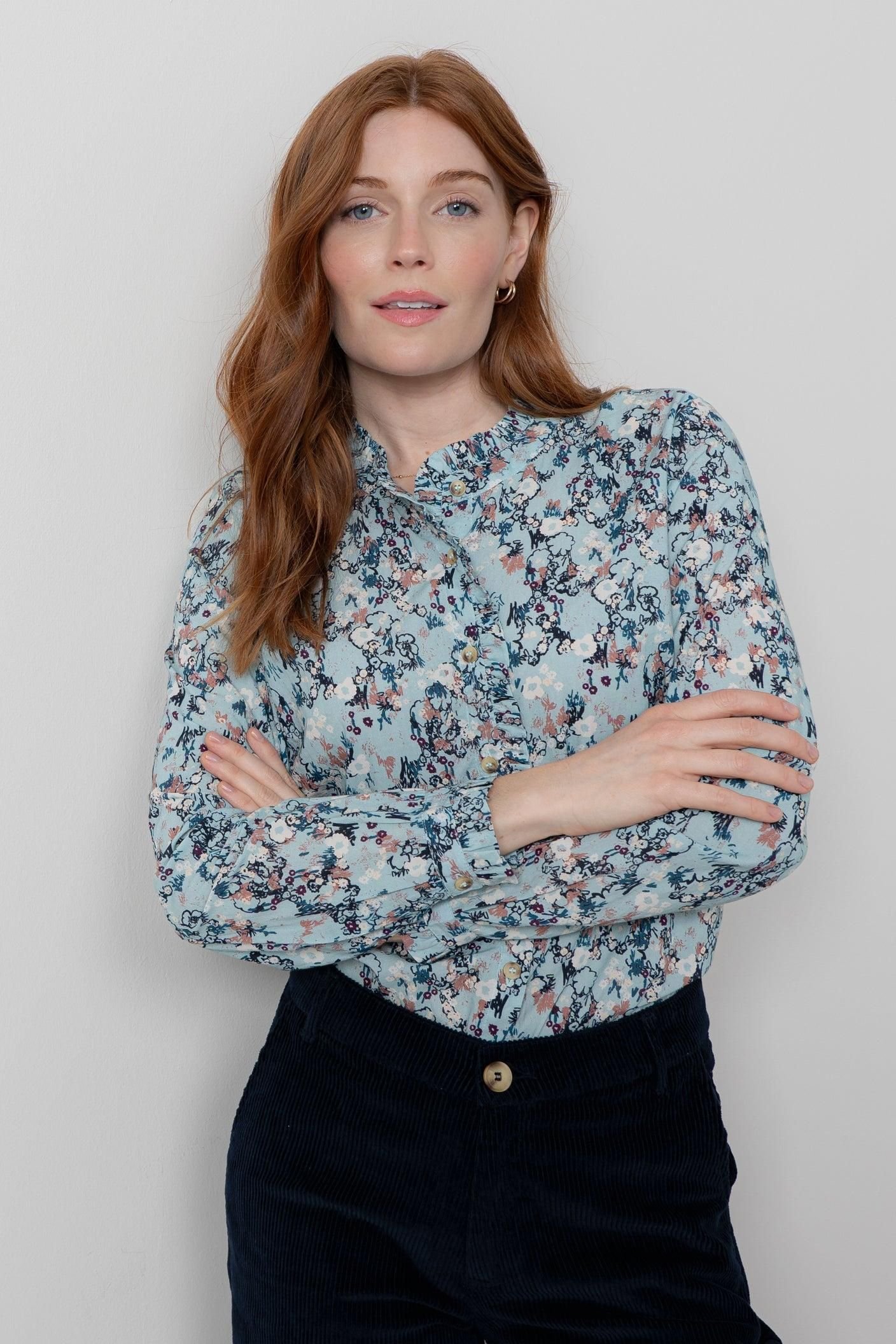 Lily & Me Lily & Me Women's Rachel Soft Cotton Long Sleeve Blouse with Scalloped Mandarin Collar in Duck Egg Blue - 2