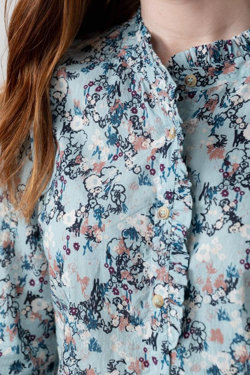 Lily & Me Lily & Me Women's Rachel Soft Cotton Long Sleeve Blouse with Scalloped Mandarin Collar in Duck Egg Blue - 3