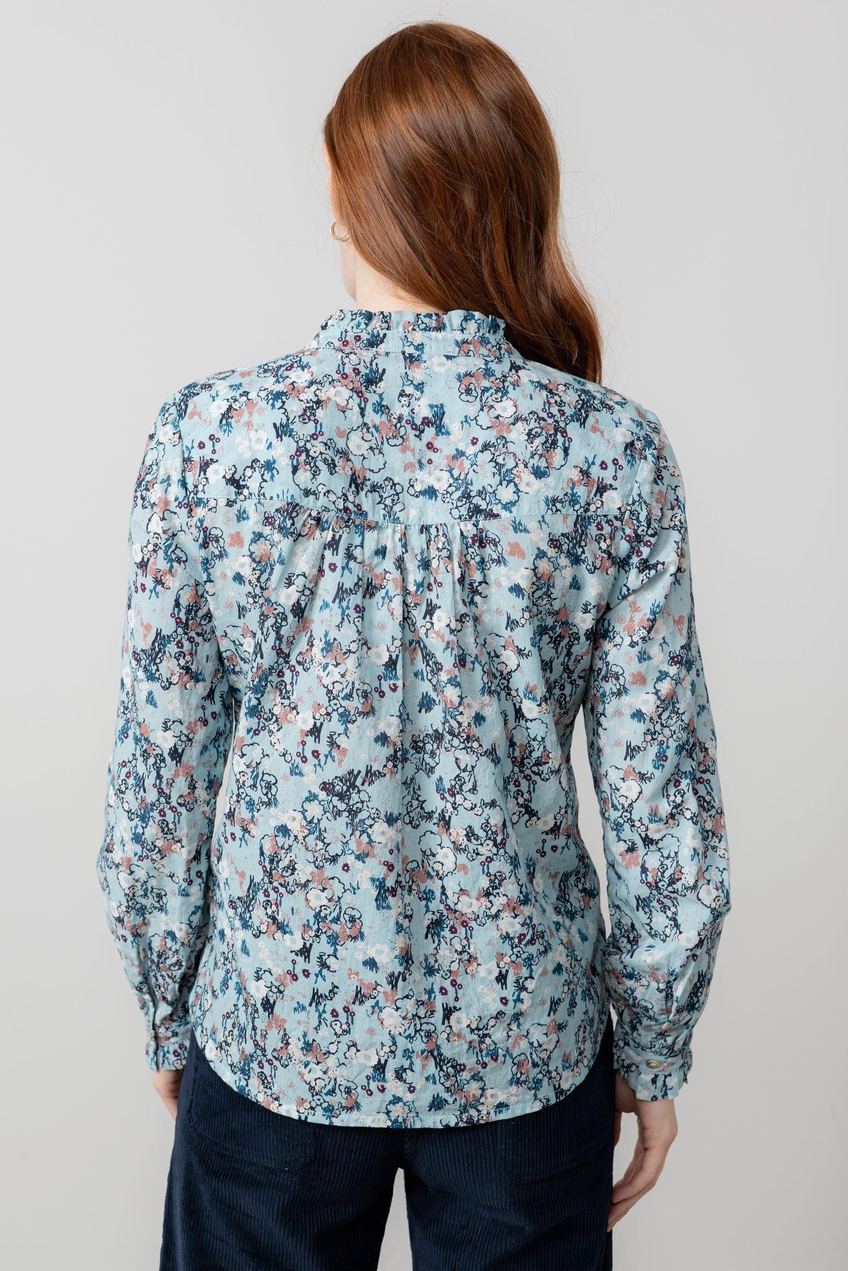 Lily & Me Lily & Me Women's Rachel Soft Cotton Long Sleeve Blouse with Scalloped Mandarin Collar in Duck Egg Blue - 4