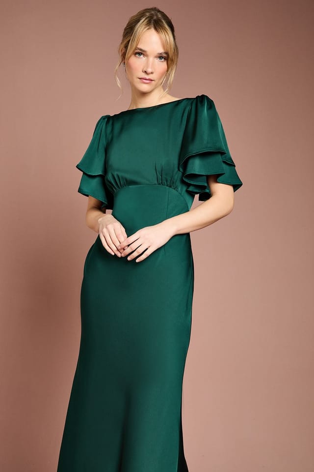 Coast Coast Women's Honoured Satin Back Crepe High Neck Short Sleeve Maxi Bridesmaid Dress in Emerald - 2