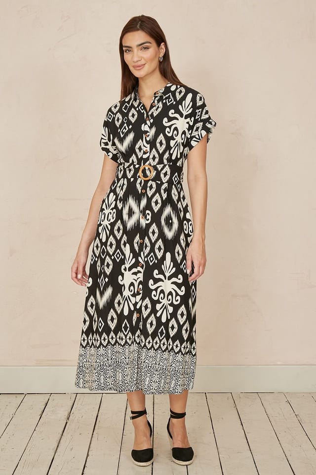 Yumi Yumi Women's Black Abstract Geo Print Relaxed Midi Shirt Dress With Belt - 2