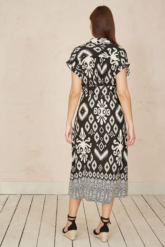 Yumi Yumi Women's Black Abstract Geo Print Relaxed Midi Shirt Dress With Belt - 3