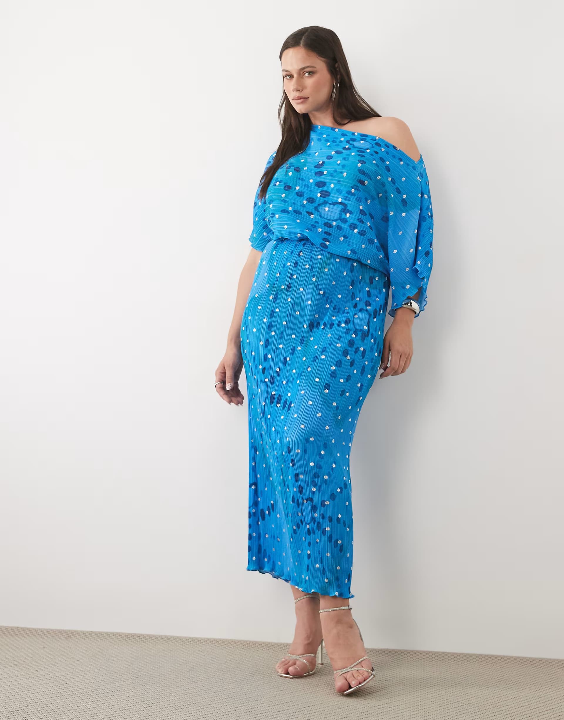 ASOS Never Fully Dressed Plus Tilly off shoulder plisse maxi dress in blue shell print