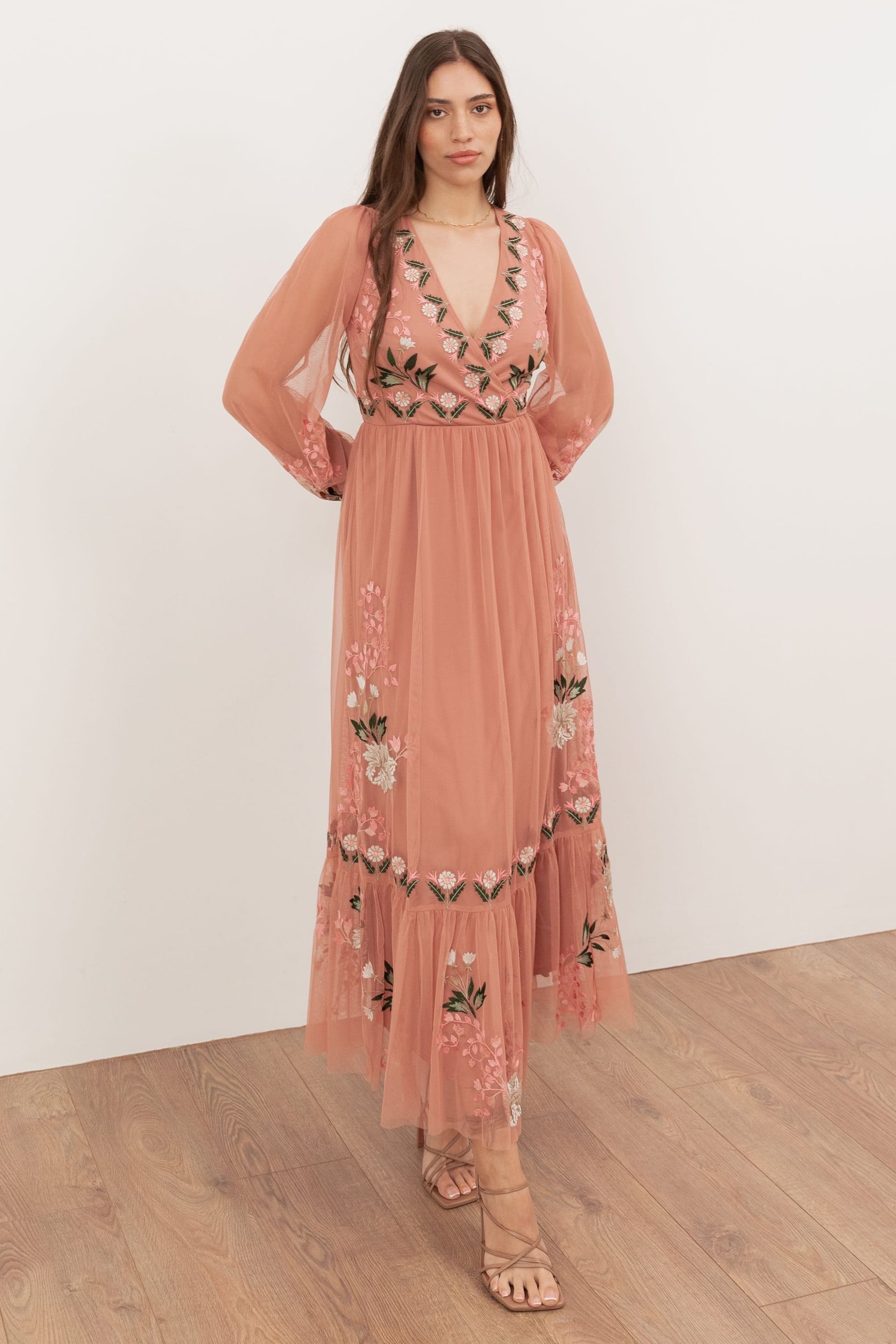 Maya Deluxe Pink Embroidered Tulle Long Sleeve Midi Dress