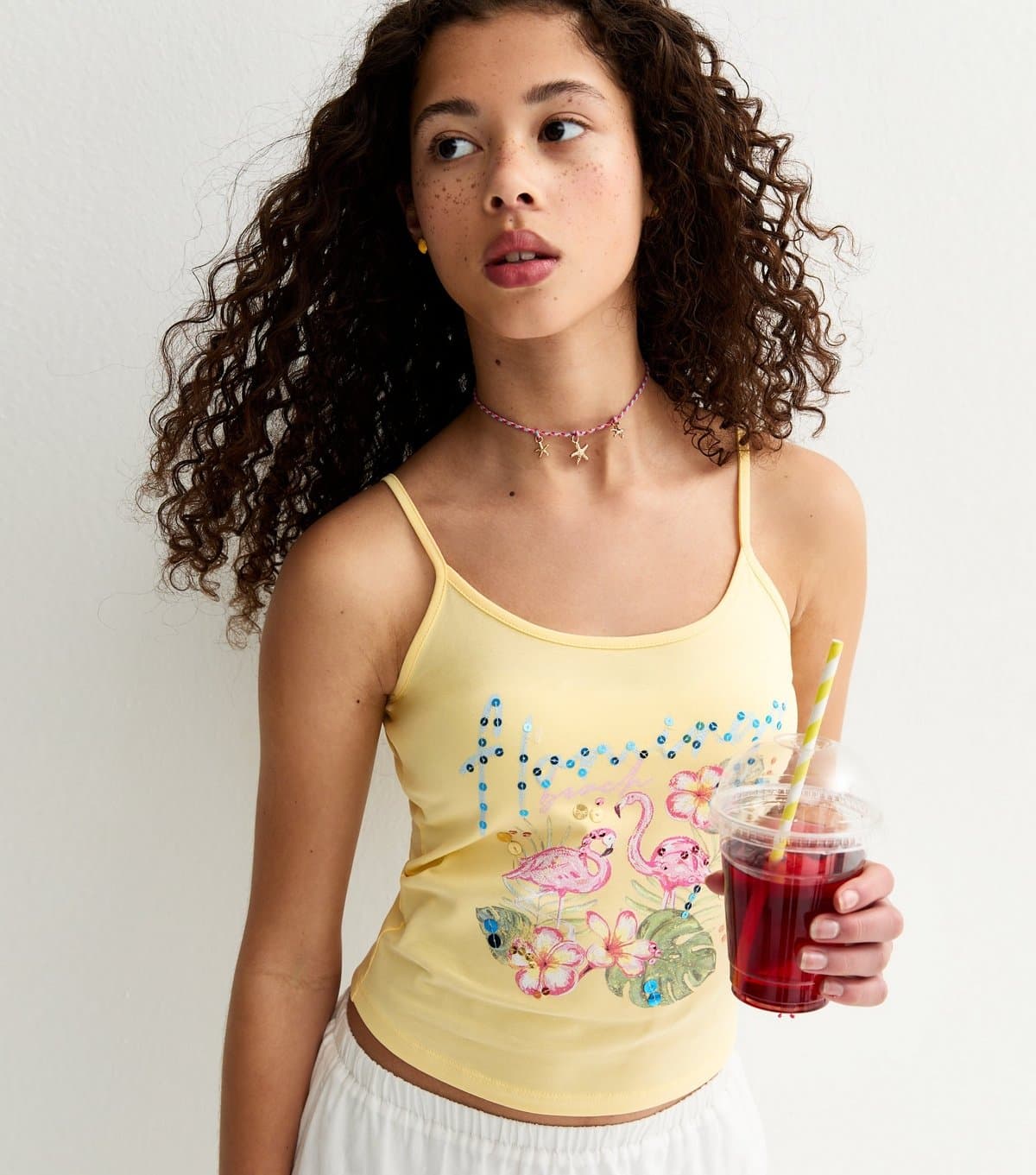 New Look Girls' Light Yellow Flamingo Embellished Cami Top New Look