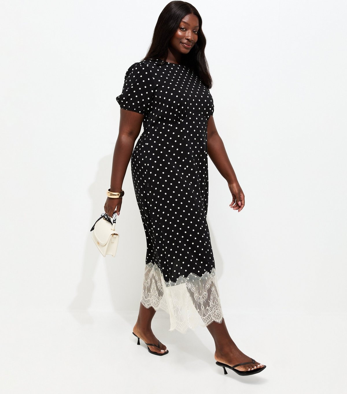 New Look Women's Plus Size Black Spot Print Lace Hem Midi Dress Curves New Look - 3