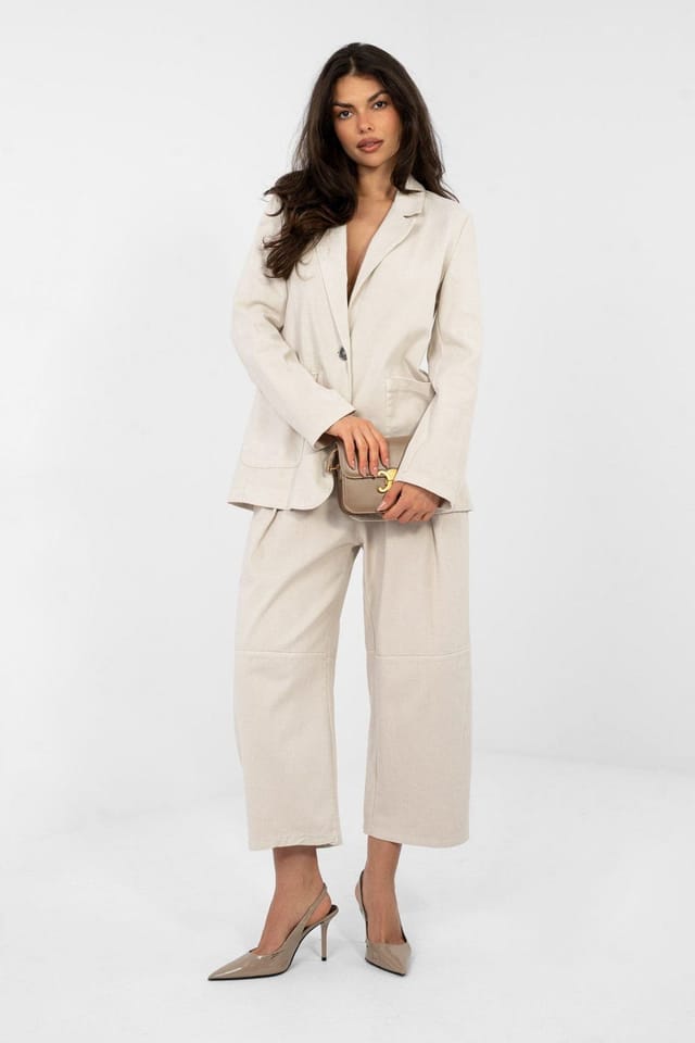 Love Lace Love Lace Women's Cotton Denim Blazer with Patch Pockets in Beige - 2