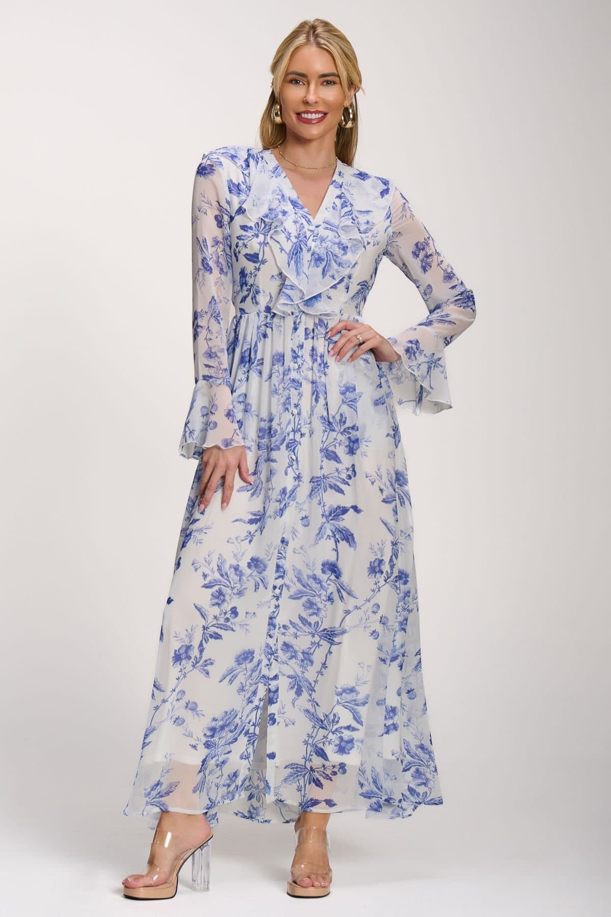 Jolie Moi Jolie Moi Women's Long Sleeve Chiffon Ruffle Maxi Dress