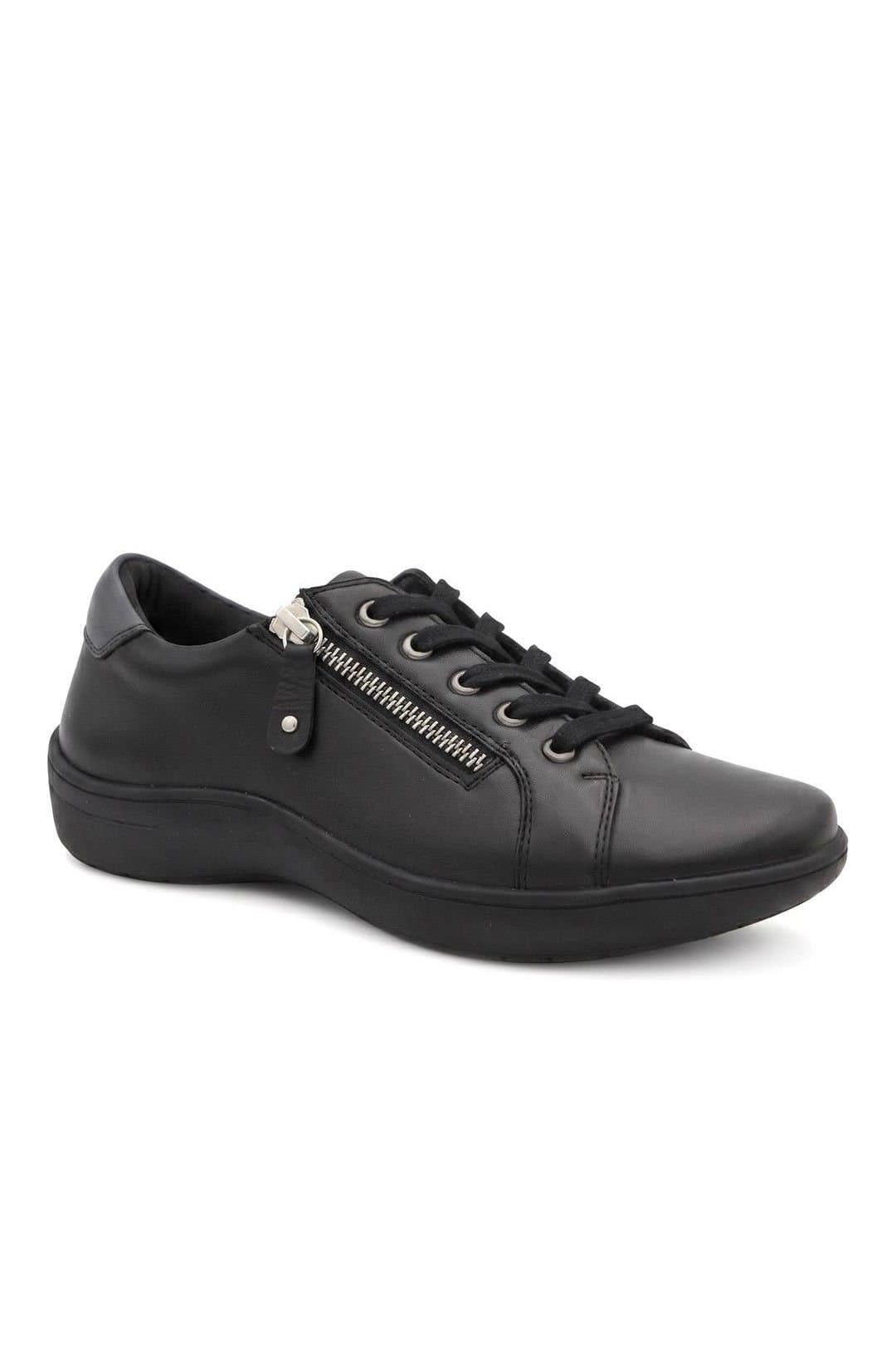 Pavers Pavers Women's Wide Fit Leather Zip & Lace Casual Trainers in Black