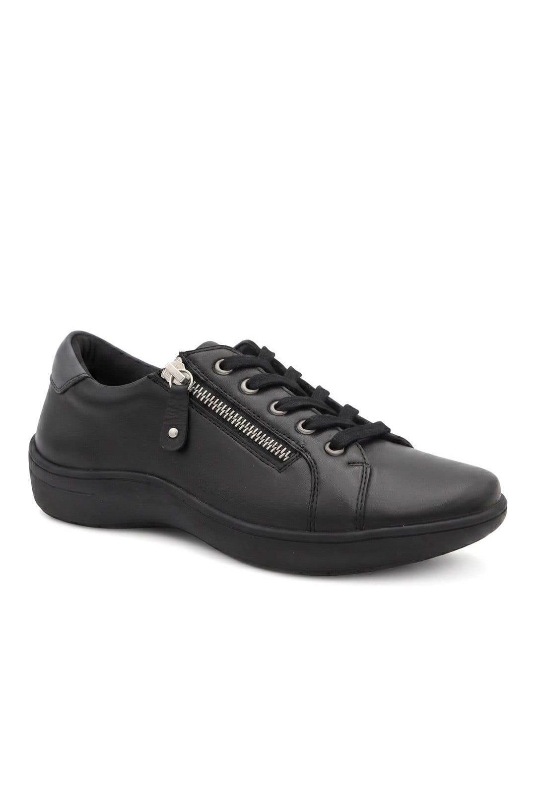 Pavers Pavers Women's Wide Fit Leather Zip & Lace Casual Trainers in Black - 1
