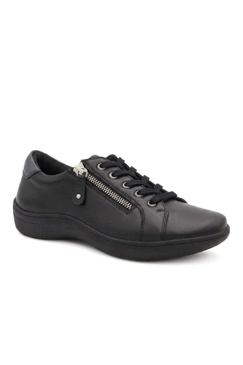 Pavers Pavers Women's Wide Fit Leather Zip & Lace Casual Trainers in Black - 1