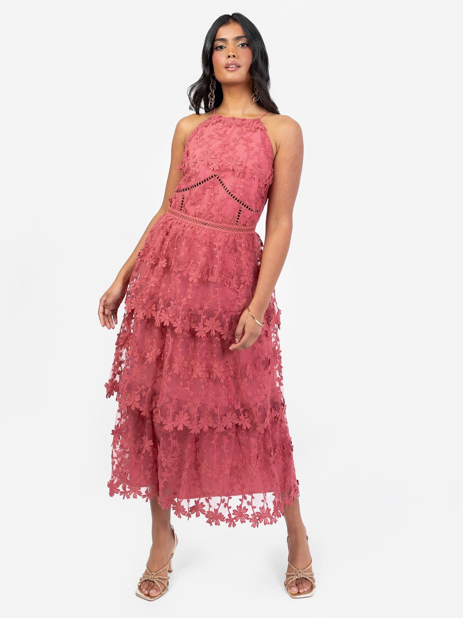 Maya Deluxe Maya Deluxe Women's Halter Neck Floral Tiered Midi Dress in Pink