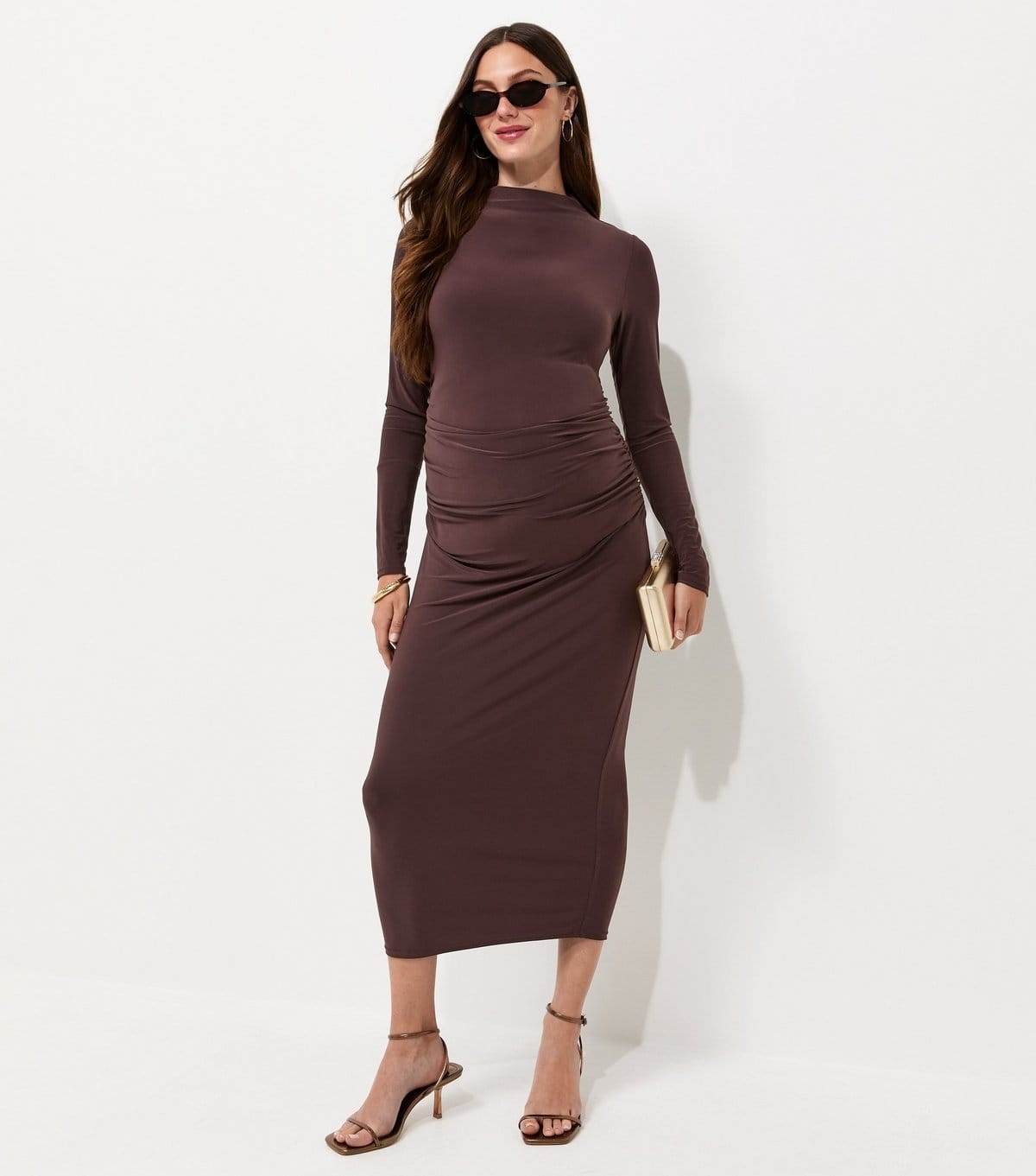 New Look Women's Maternity Dark Brown Long Sleeve High Neck Ruched Midi Dress New Look - 1
