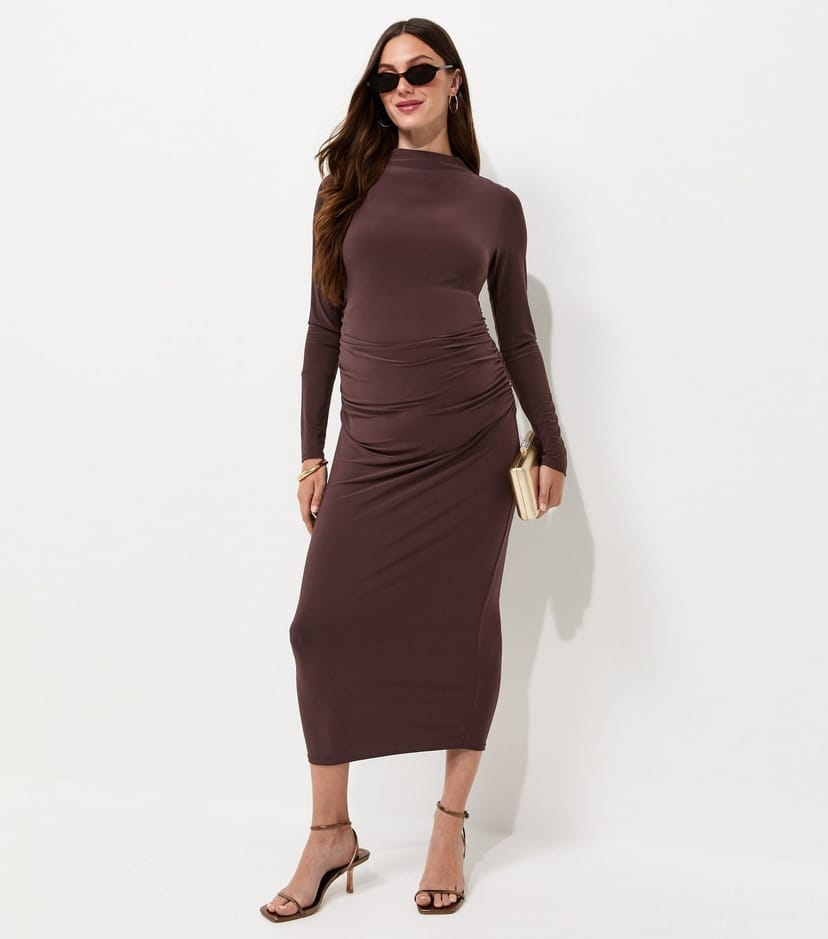 New Look Women's Maternity Dark Brown Long Sleeve High Neck Ruched Midi Dress New Look - 1