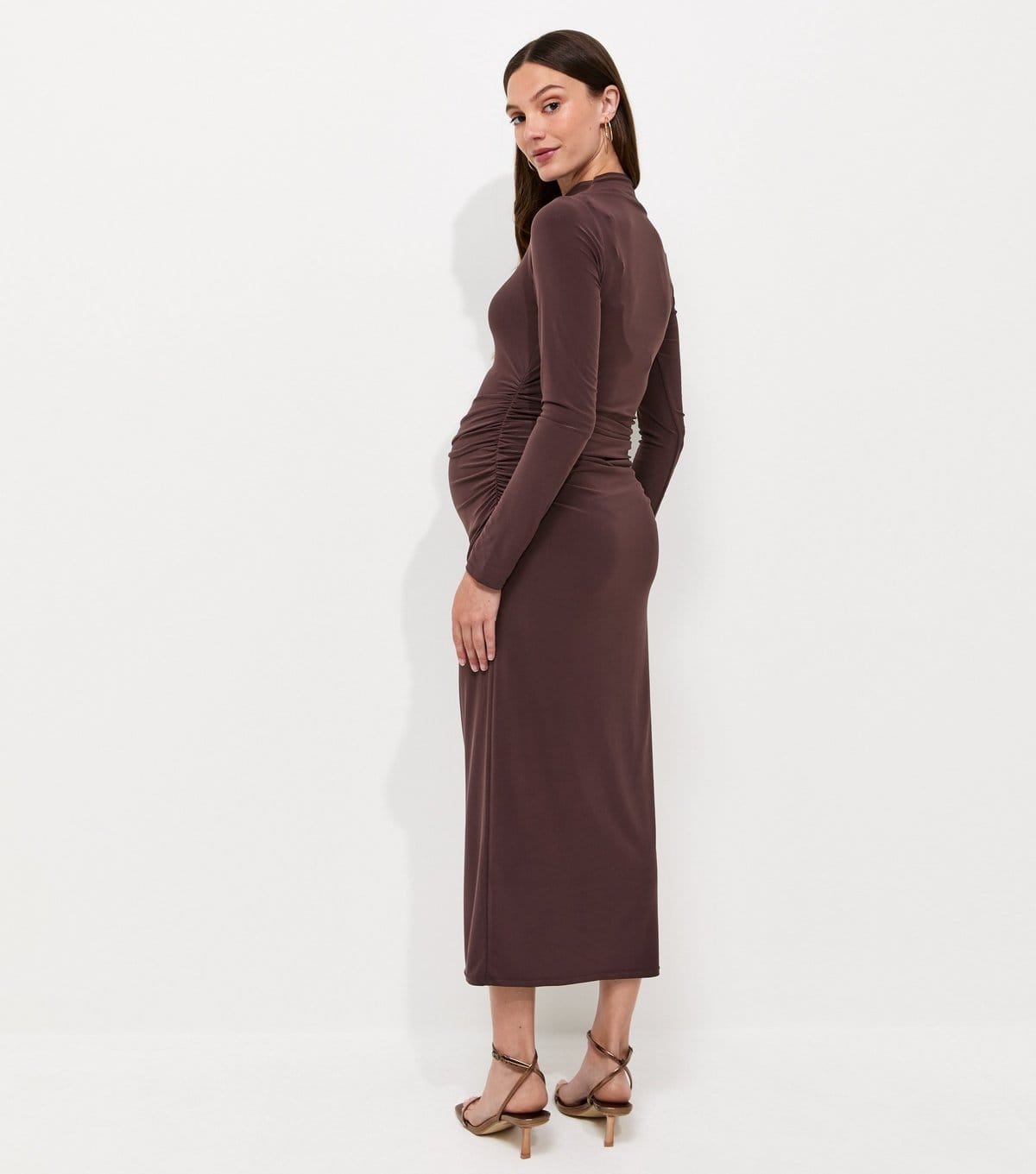 New Look Women's Maternity Dark Brown Long Sleeve High Neck Ruched Midi Dress New Look - 4