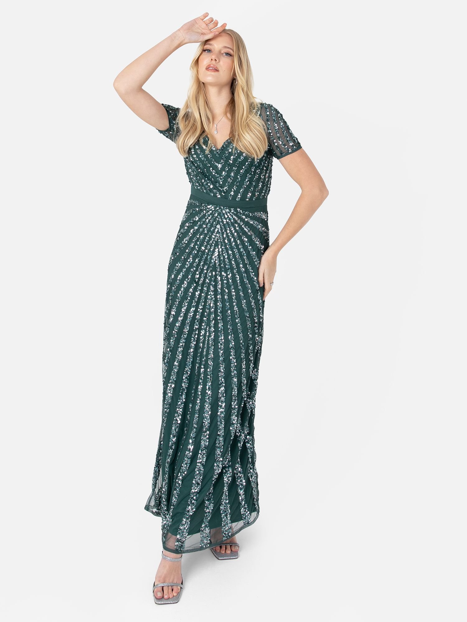 Maya Deluxe Maya Deluxe Women's Short Sleeve Stripe Embellished Maxi Dress in Emerald - 2