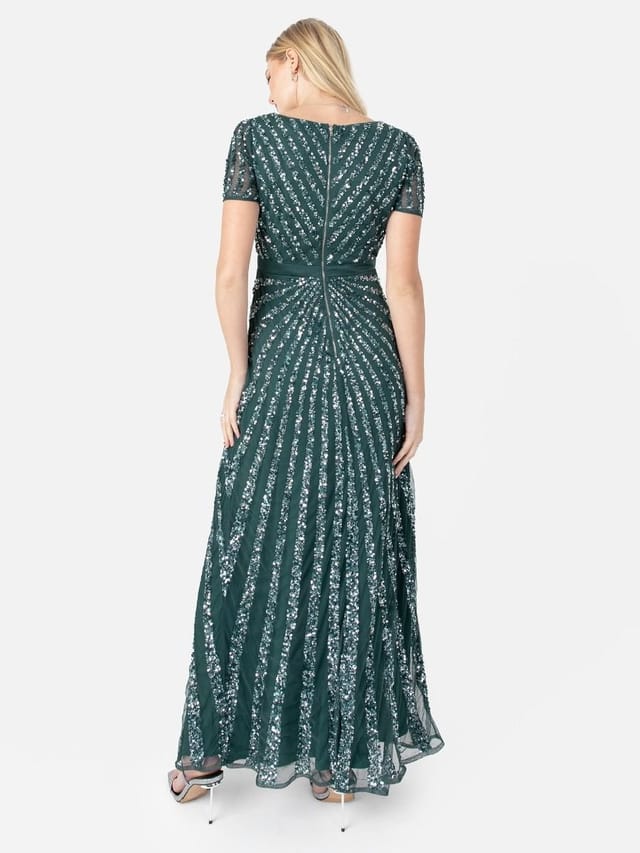Maya Deluxe Maya Deluxe Women's Short Sleeve Stripe Embellished Maxi Dress in Emerald - 3