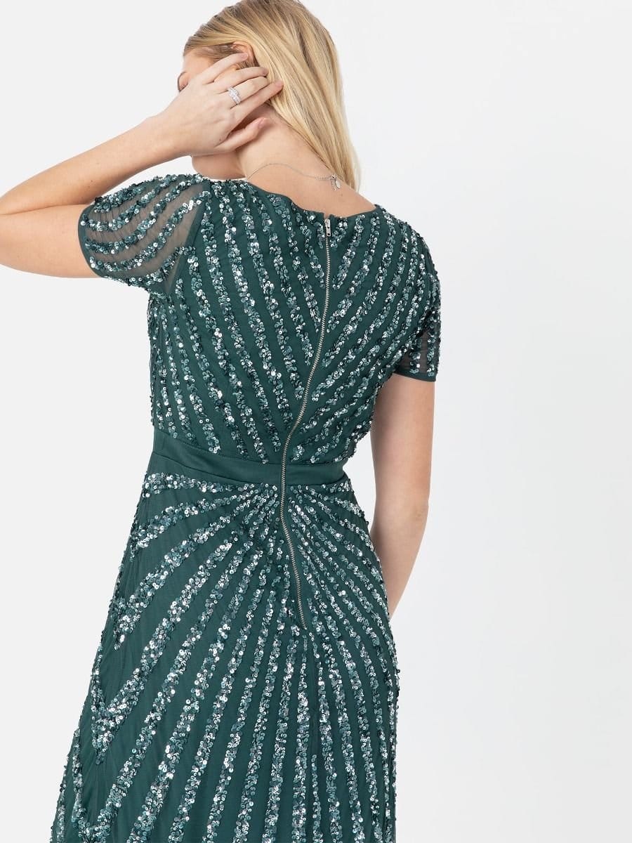 Maya Deluxe Maya Deluxe Women's Short Sleeve Stripe Embellished Maxi Dress in Emerald - 4