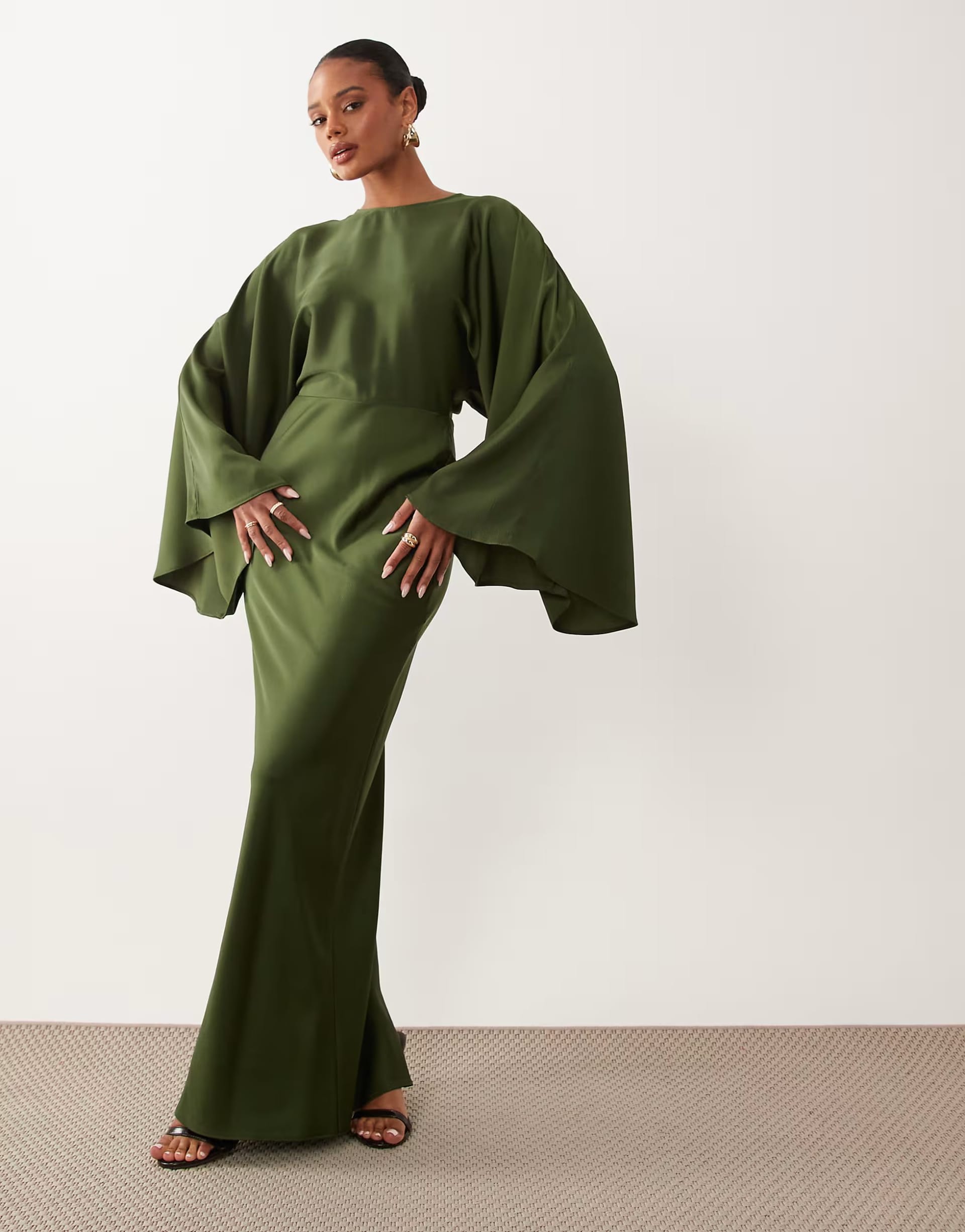 ASOS Textured Batwing Bias Waisted Maxi Dress In Khaki