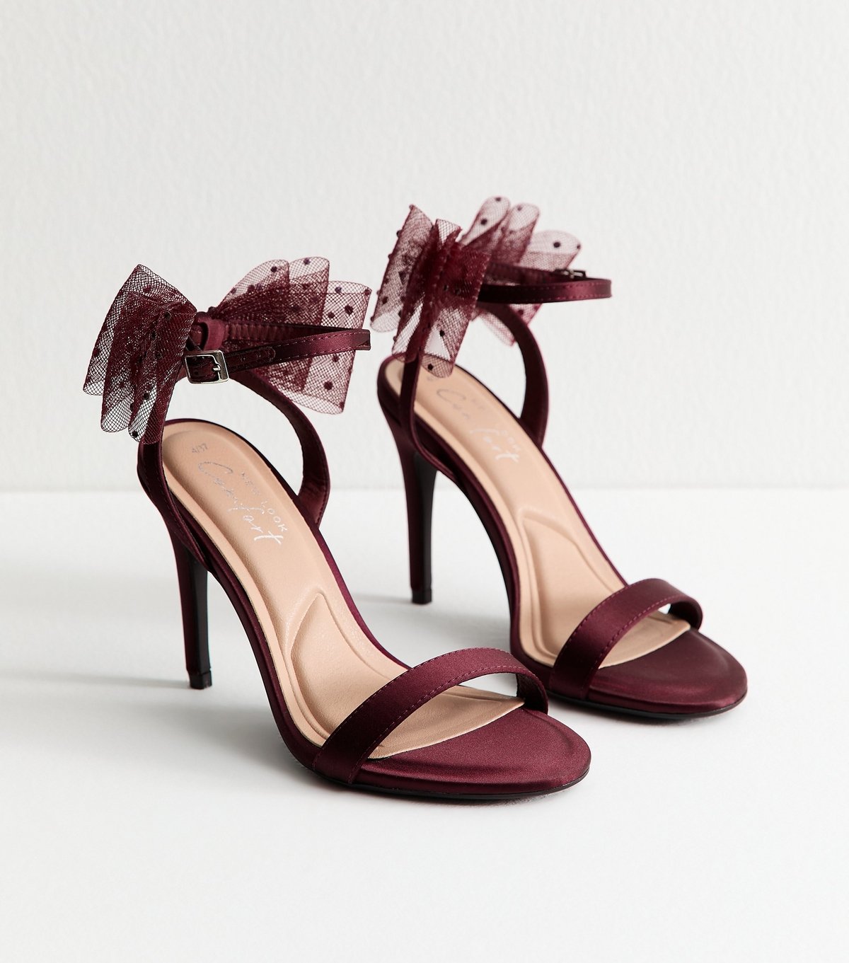 New Look Women's Dark Burgundy Satin Embellished Mesh Bow Sandals Vegan New Look - 2