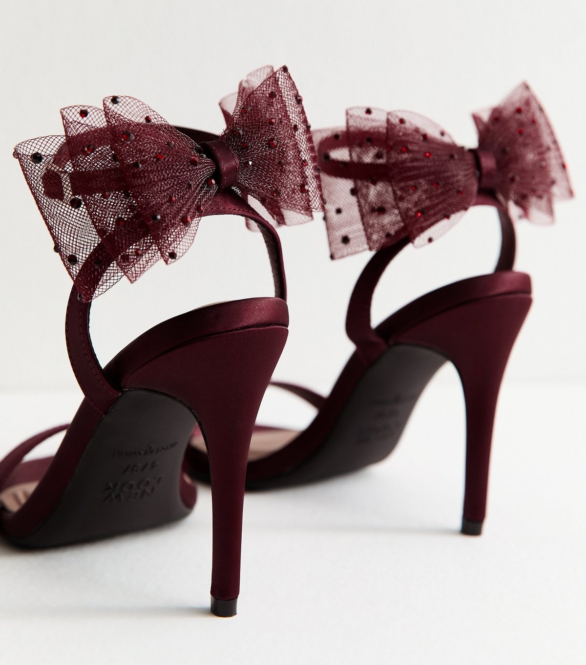 New Look Women's Dark Burgundy Satin Embellished Mesh Bow Sandals Vegan New Look - 3