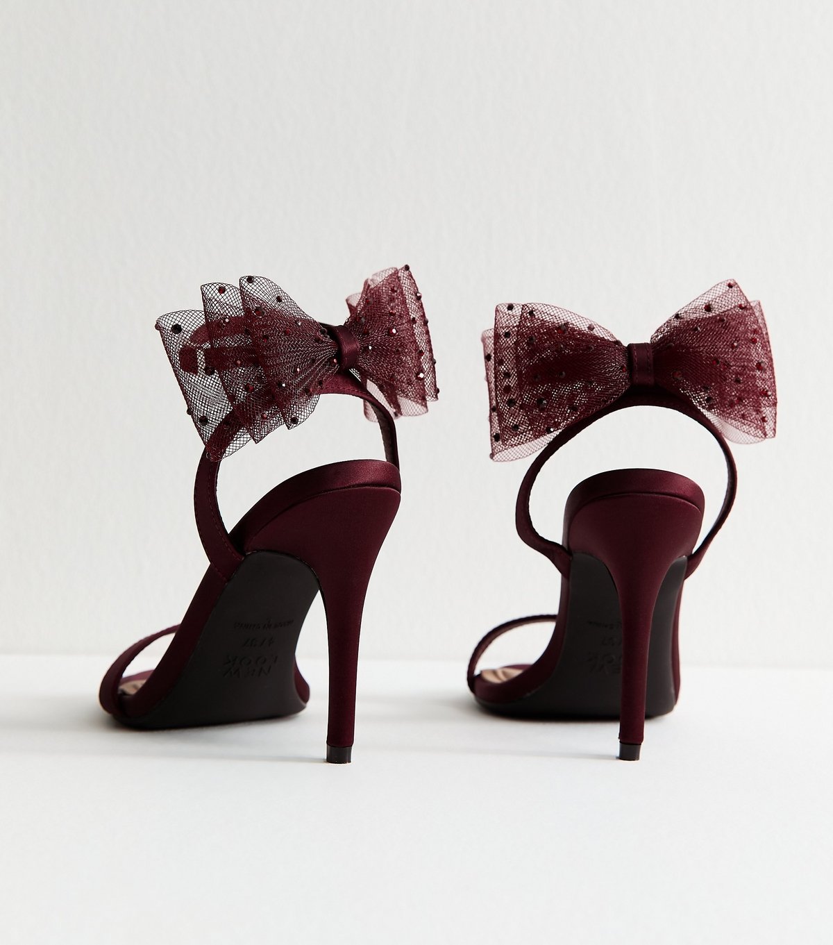 New Look Women's Dark Burgundy Satin Embellished Mesh Bow Sandals Vegan New Look - 4