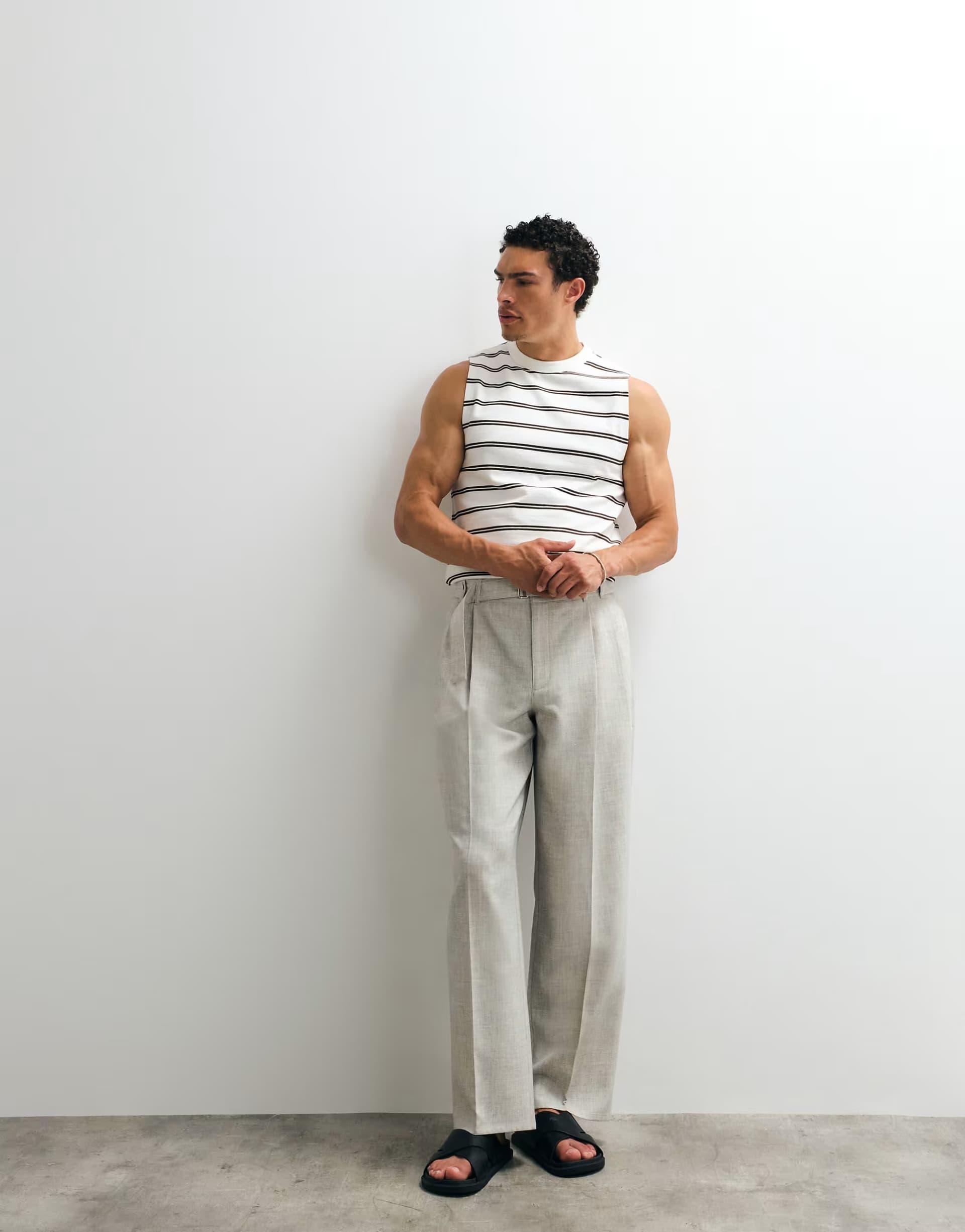 ASOS Topman wide leg belted textured trouser in stone