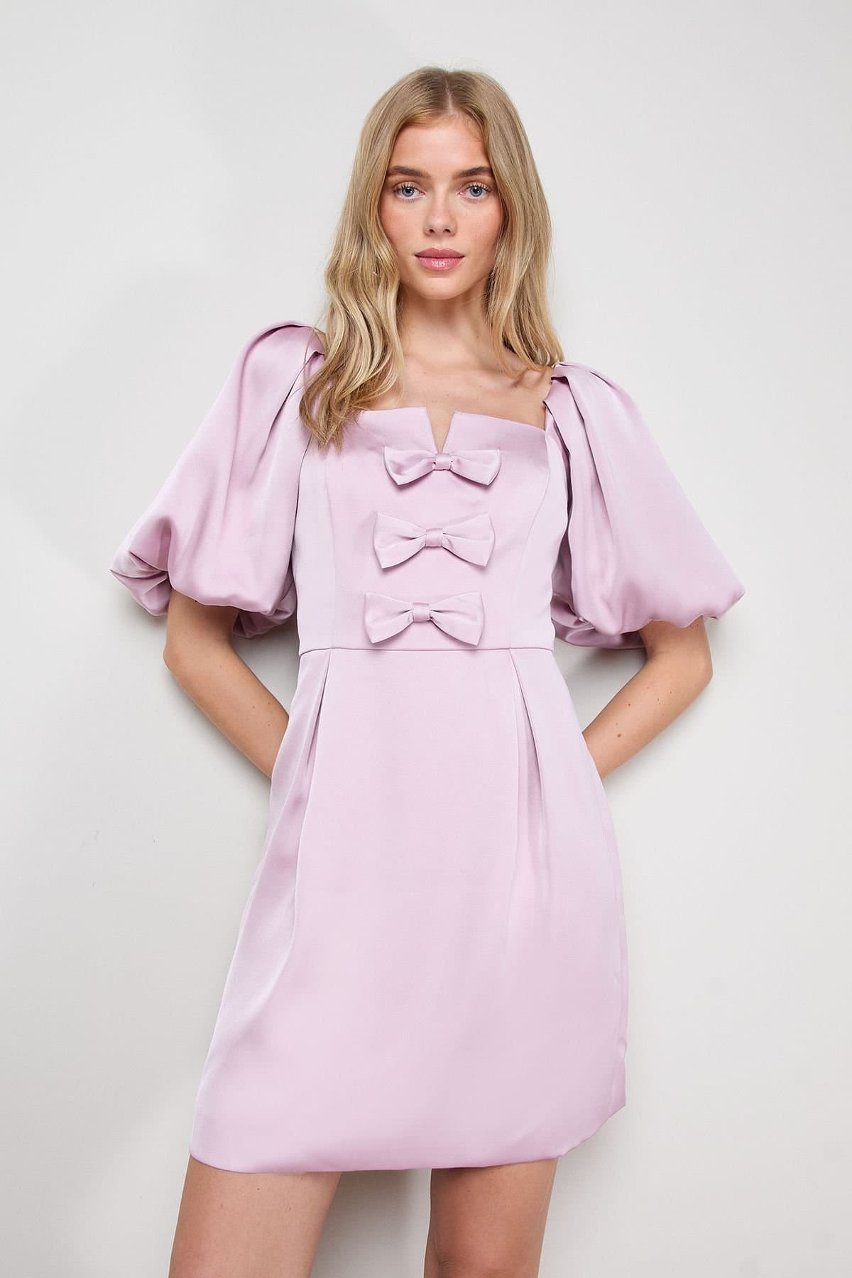 Oasis Oasis Women's Satin Bow Front Square Neck Mini Dress in Pink
