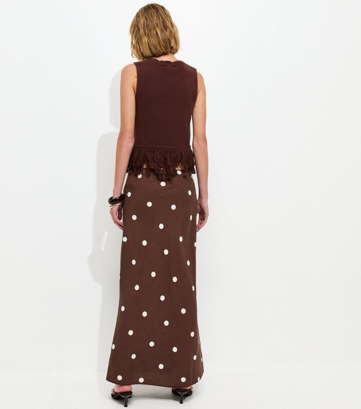 New Look Women's Brown Linen Blend Polka Dot Bias Cut Midi Skirt New Look - 4