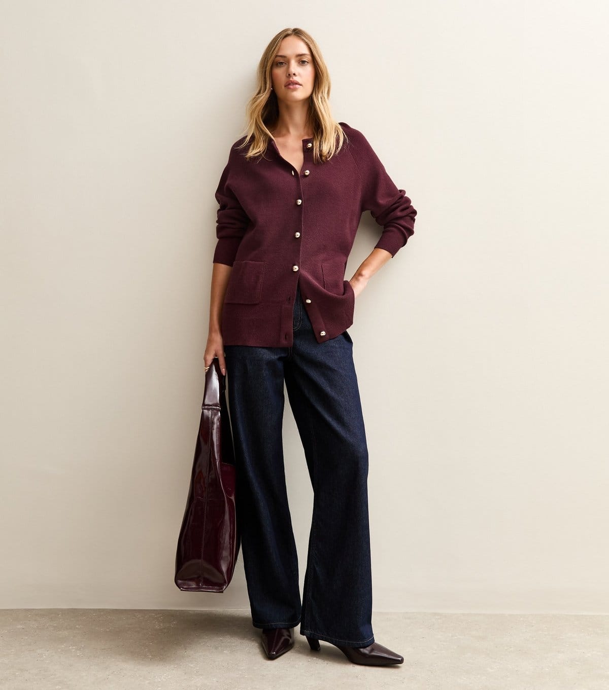 New Look Burgundy Longline Crew Neck Cardigan