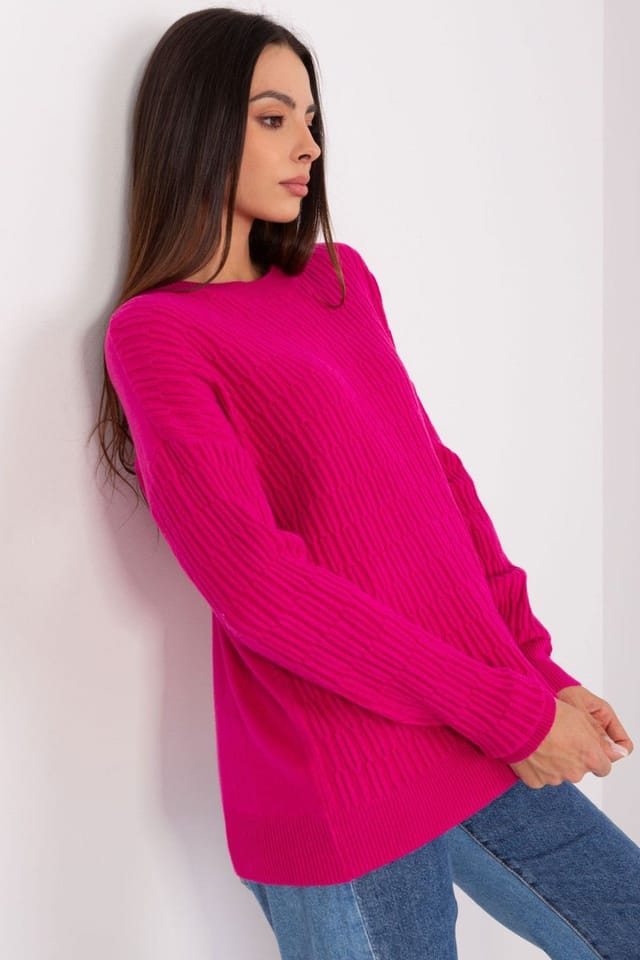 Love Lace Love Lace Women's Variegated Texture Round Neck Sweater Style 185717 in Bright Pink - 2