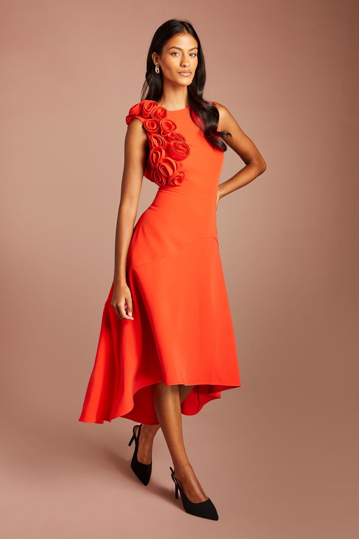Coast Petite Flame Red 3D Corsage High Low Dress