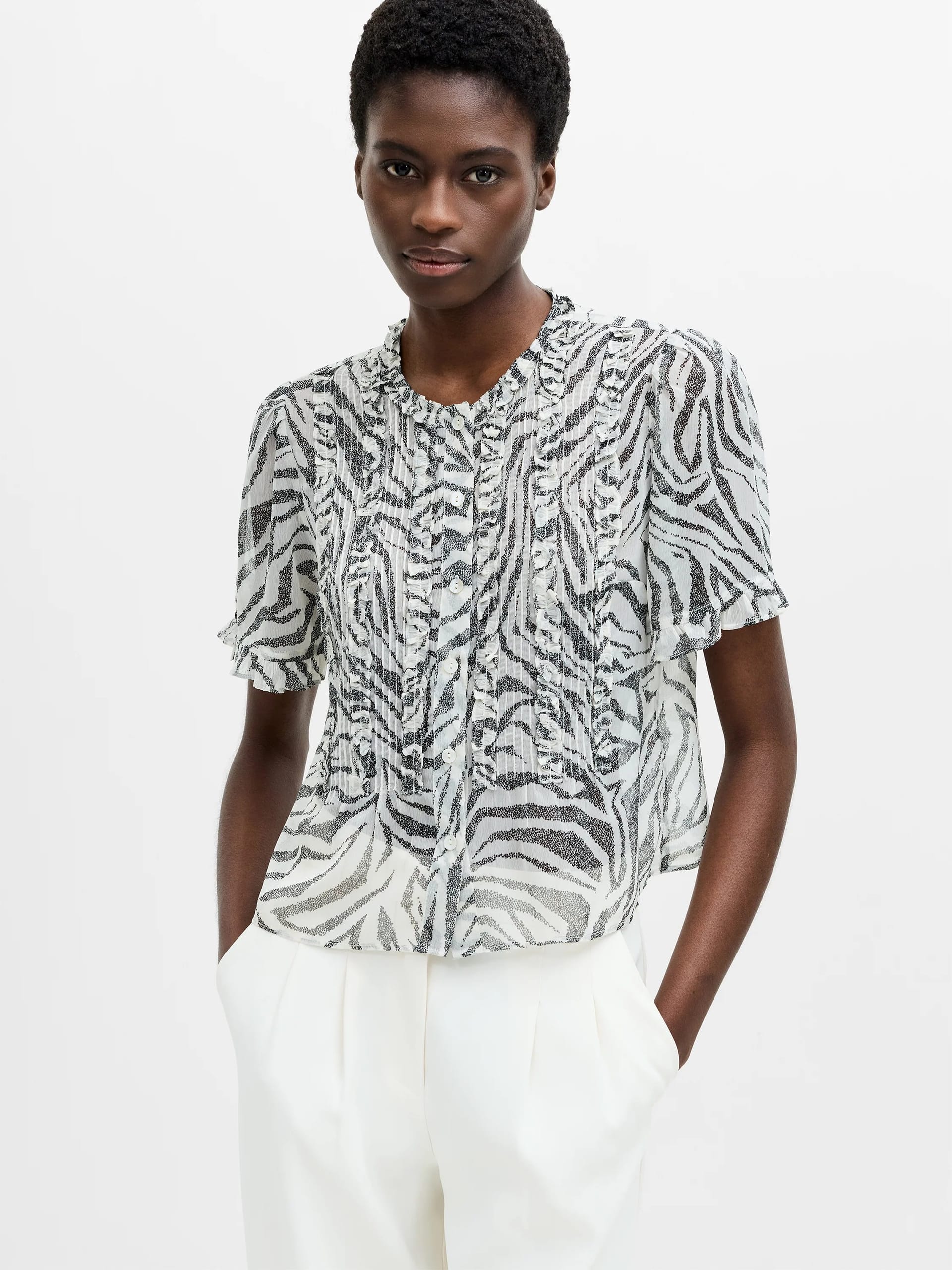 French Connection Cream/Black Zebra Print Ruffle Top