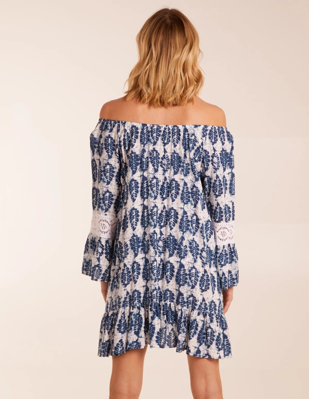 Blue Vanilla Leaf Print Elasticated Bardot Neck Tunic Dress - 4