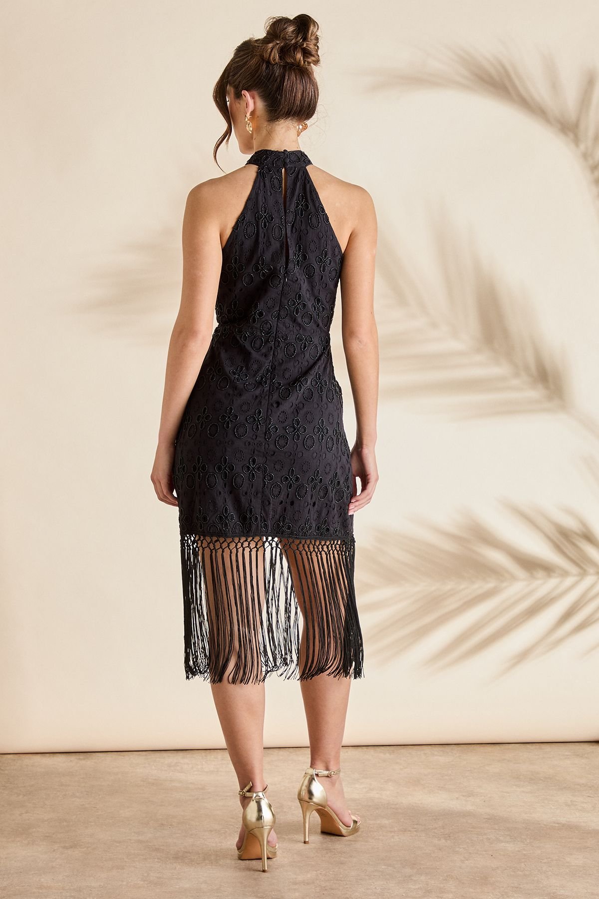 Coast Coast Women's Broderie Embellished Fringe Halter Dress in Black - 3