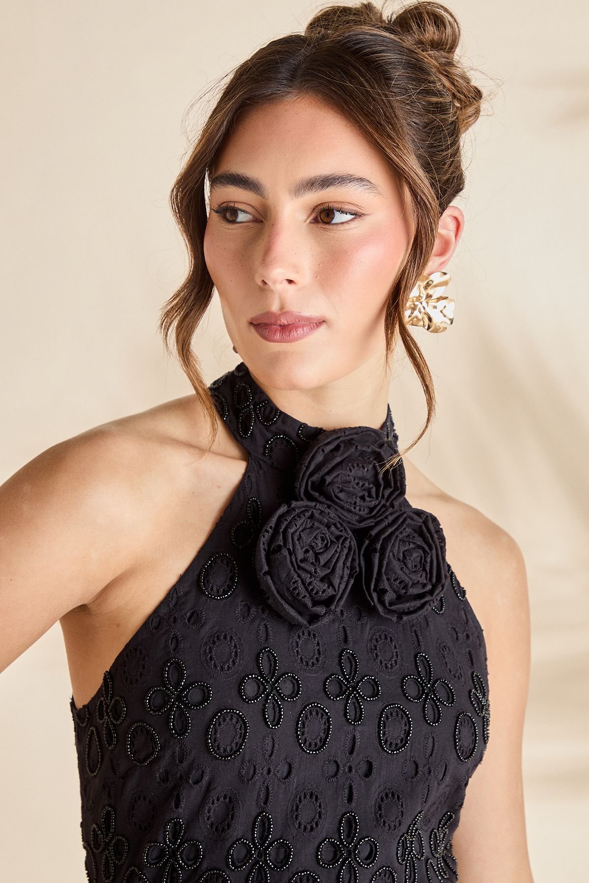 Coast Coast Women's Broderie Embellished Fringe Halter Dress in Black - 4