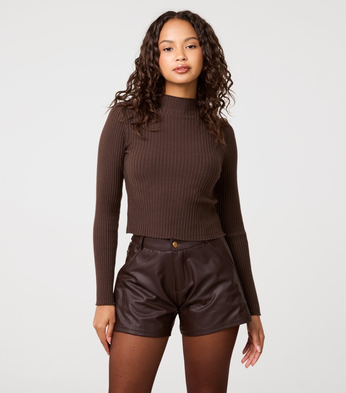 Pink Vanilla Women's Dark Brown Rib High Neck Jumper Pink Vanilla New Look - 1