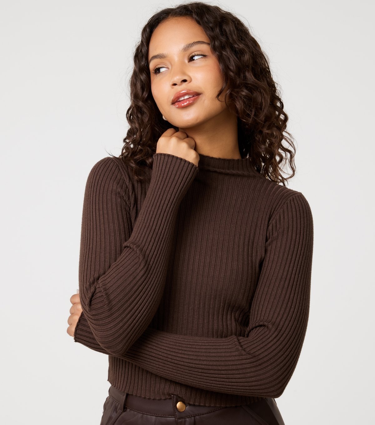 Pink Vanilla Women's Dark Brown Rib High Neck Jumper Pink Vanilla New Look - 3