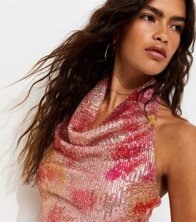 New Look Women's Pink Sequin Embellished Patterened Cowl Neck Mini New Look - 3
