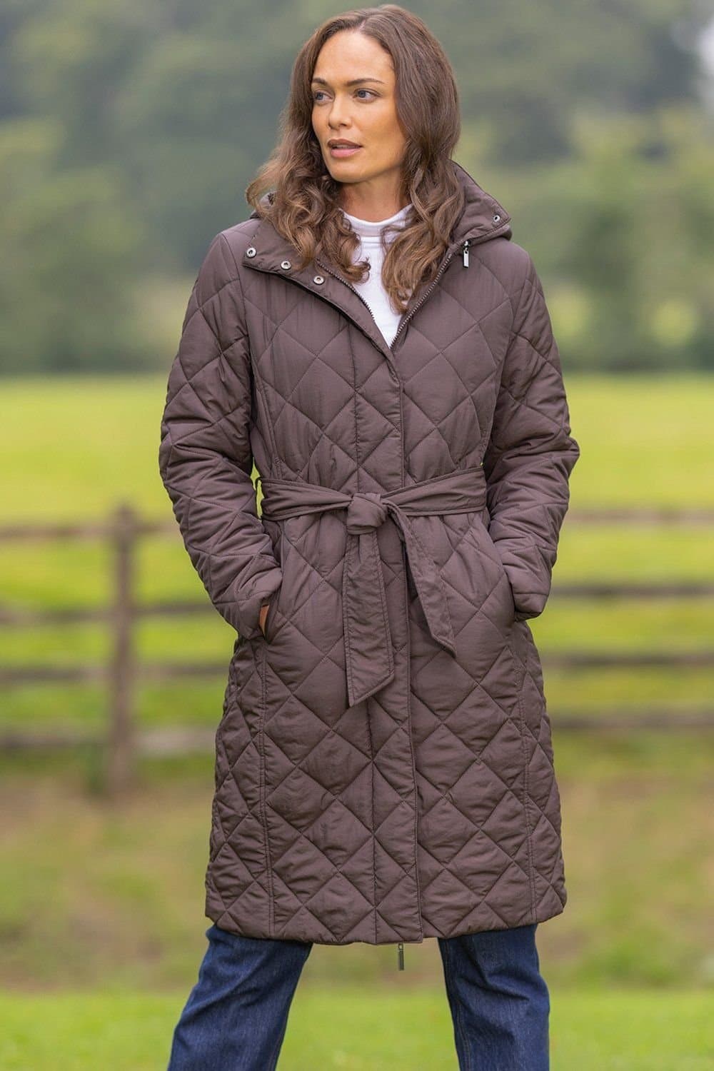 Klass. Klass. Women's Belted Diamond Quilted Coat in Dark Brown