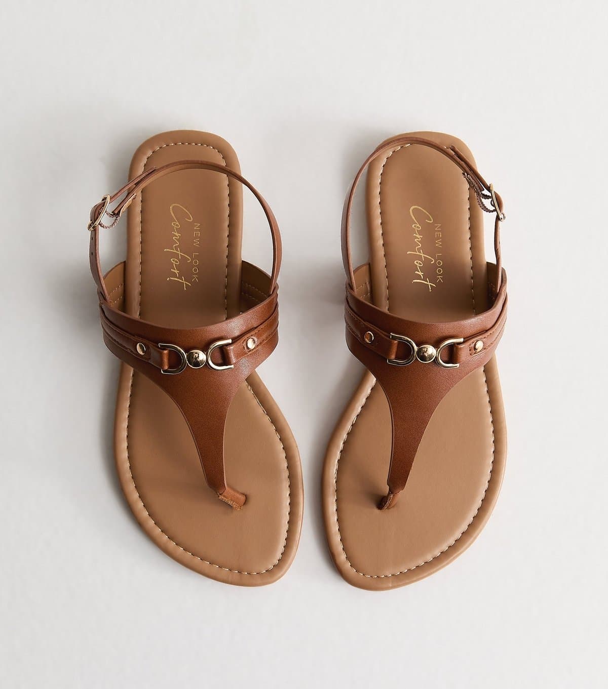 New Look Women's Wide Fit Tan Faux Leather Toe Post Sandals Vegan New Look