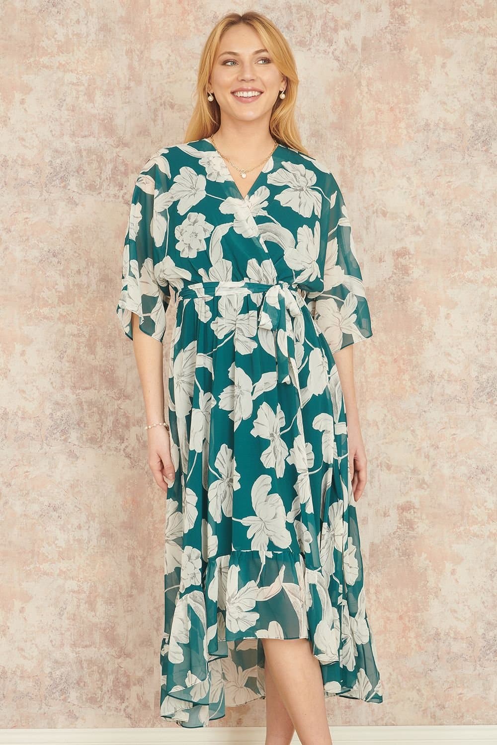 Yumi Yumi Women's Green Kimono Sleeves Midi Dip Hem Wrap Midi Dress