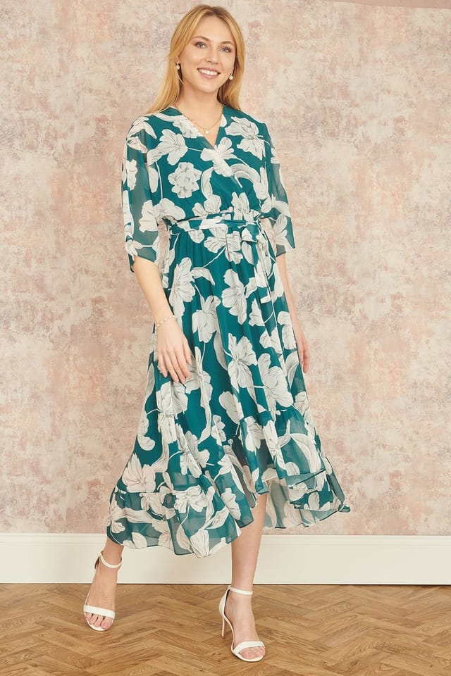 Yumi Yumi Women's Green Kimono Sleeves Midi Dip Hem Wrap Midi Dress - 2